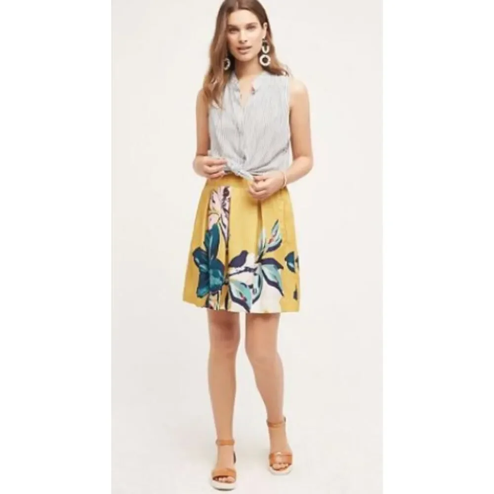 Anthropologie Maeve Tropicale Skirt Women's 2 Yellow Blue Floral Pleated Short